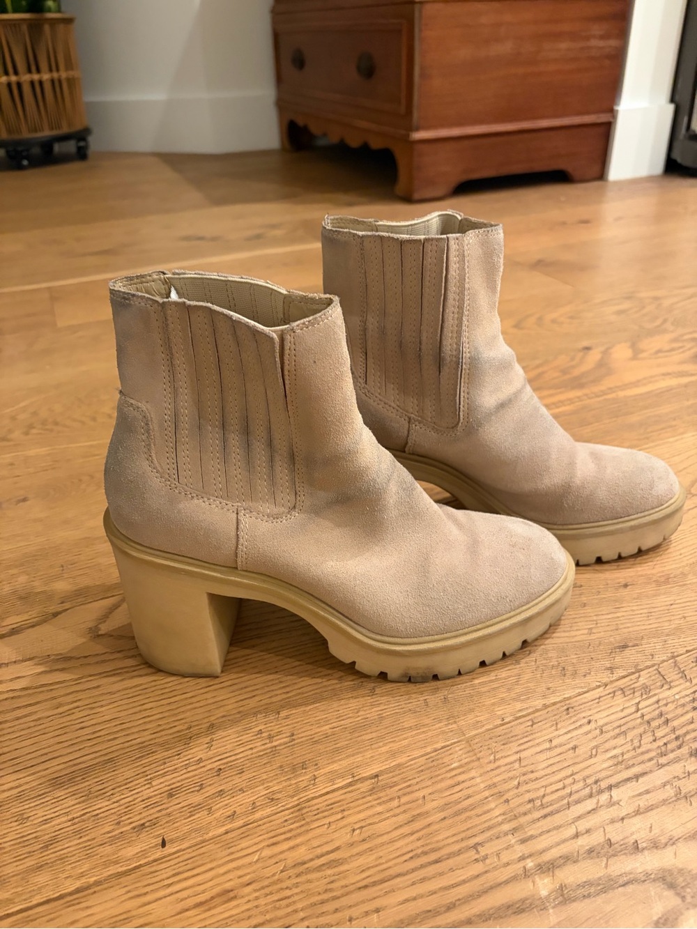 Dolce Vita Light Beige Suede Chunky Heel Chelsea Booties